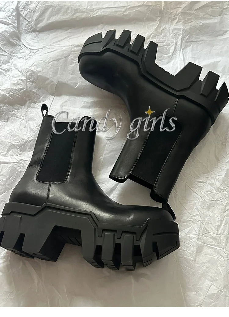 Retro Chelsea Mid-Calf for Women 2024 New round Toe Muffin Gear Platform Black Mid-Calf Length Motorcycle Boots