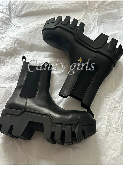 Retro Chelsea Mid-Calf for Women 2024 New round Toe Muffin Gear Platform Black Mid-Calf Length Motorcycle Boots