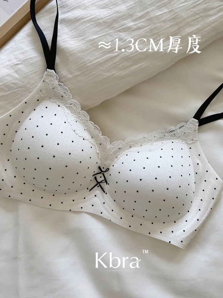 Lace Contrast Floral Print Lingerie for Women, Small Chest Gathering, Seamless and Underwire Bra