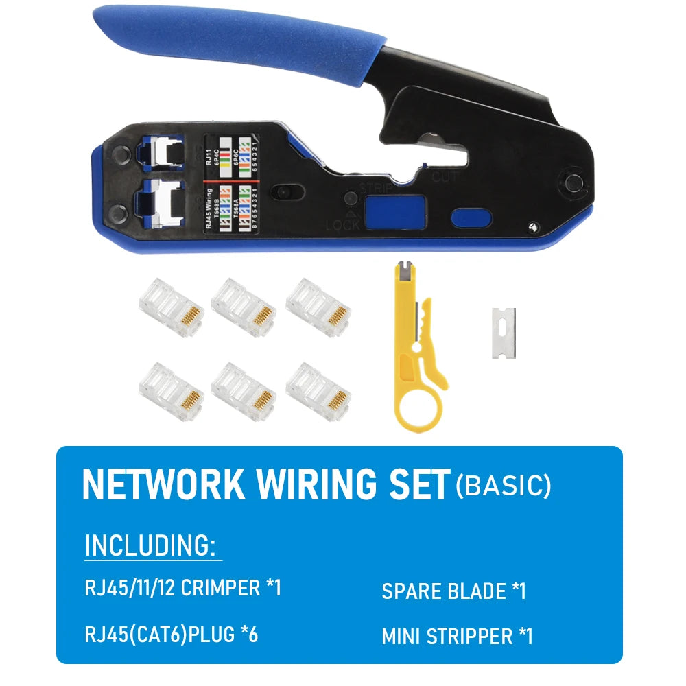RJ45 Crimping Tool Set, 8P6P Cat5 Cat5e Cat6 Ethernet Crimper Pliers with Wire Stripper Cutter for RJ11 RJ12 Modular Plugs