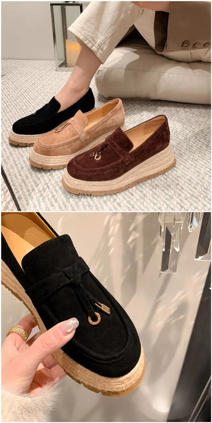 MKKHOU Fashion Loafers New High Quality Real Leather Suede Vintage Straw Braid Platform Shoes Daily Casual Light Shoes Neutral
