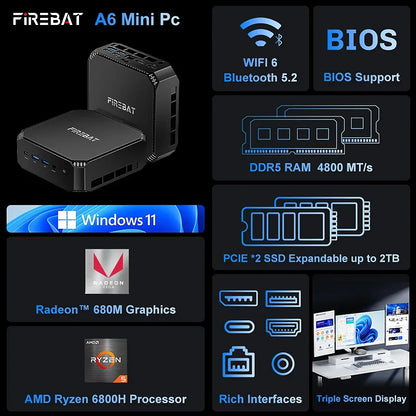 FIREBAT A6 Latest MINI PC AMD Ryzen 7 6800H 16GB DDR5 RAM 512GB SSD WIFI6 BT5.2 Portable Desktop MINI-PC Computer