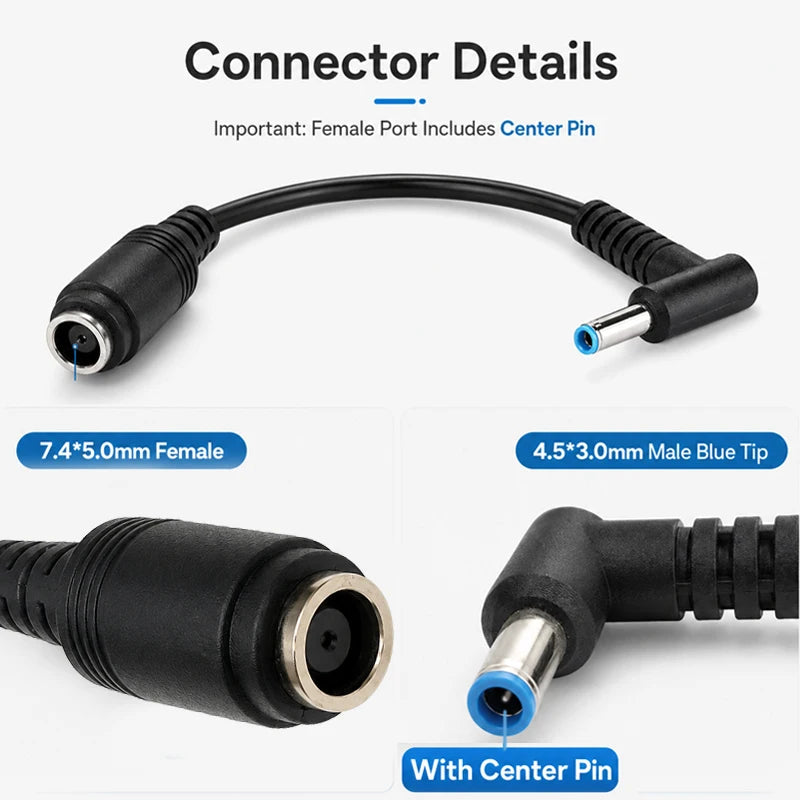 7.4x5.0mm to 4.5x3.0mm Tip DC Power Adapter Charger Connector for HP Laptop Stream Spectre Pavilion Envy Elitebook Split Chrome
