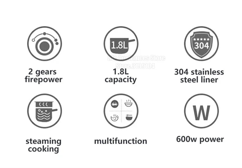 Liven Electric Multi Cooker 1.8L with 304 Stainless Steel Steamer Multifunctional Cooking Rice Porridge Noodle Mini Hot Pot 600W