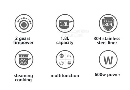 Liven Electric Multi Cooker 1.8L with 304 Stainless Steel Steamer Multifunctional Cooking Rice Porridge Noodle Mini Hot Pot 600W