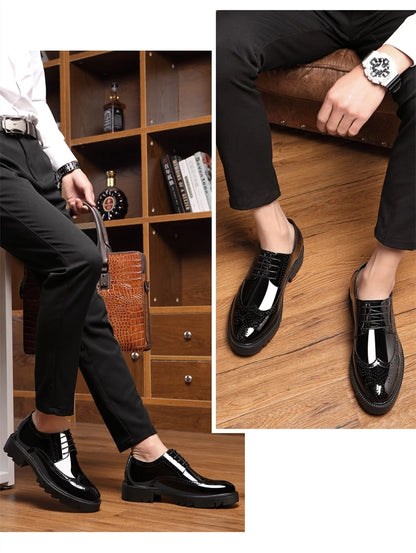 Luxury Men Brogues Patent Leather Elevator Shoes Man Height Increase Insole 8cm/10cm Black Formal Business Wedding Men Shoes New