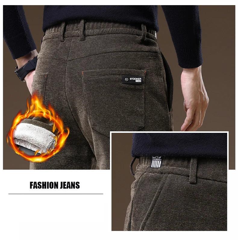 Casual Pants Men Winter New Fleece Business Elastic Waist Slim Korean Warm Thick Brushed Plush Trousers Male 28-38