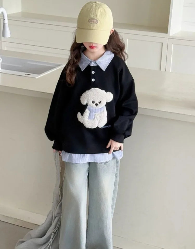 Sweatshirt Girls' 2025 New Faux Two-Piece Polo Hoodie Spring/Autumn Kids Medium-Large Loose Fit Cartoon Puppy Top