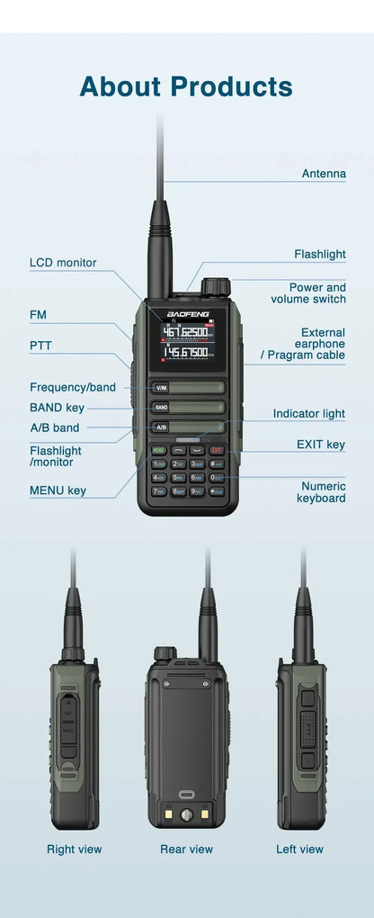 2Pack Baofeng 15W 50KM Waterproof Walkie Talkie 999CH AM FM 2-Way Radio Full Band LCD Screen Frequency Copy Noise Reduce UV16M