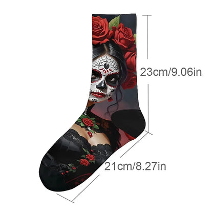 Mens Art Day of the Dead Themed Socks Mexican Grim Reaper Vintage Floral Design Soft Breathable Crew Socks Novelty Holiday Gift