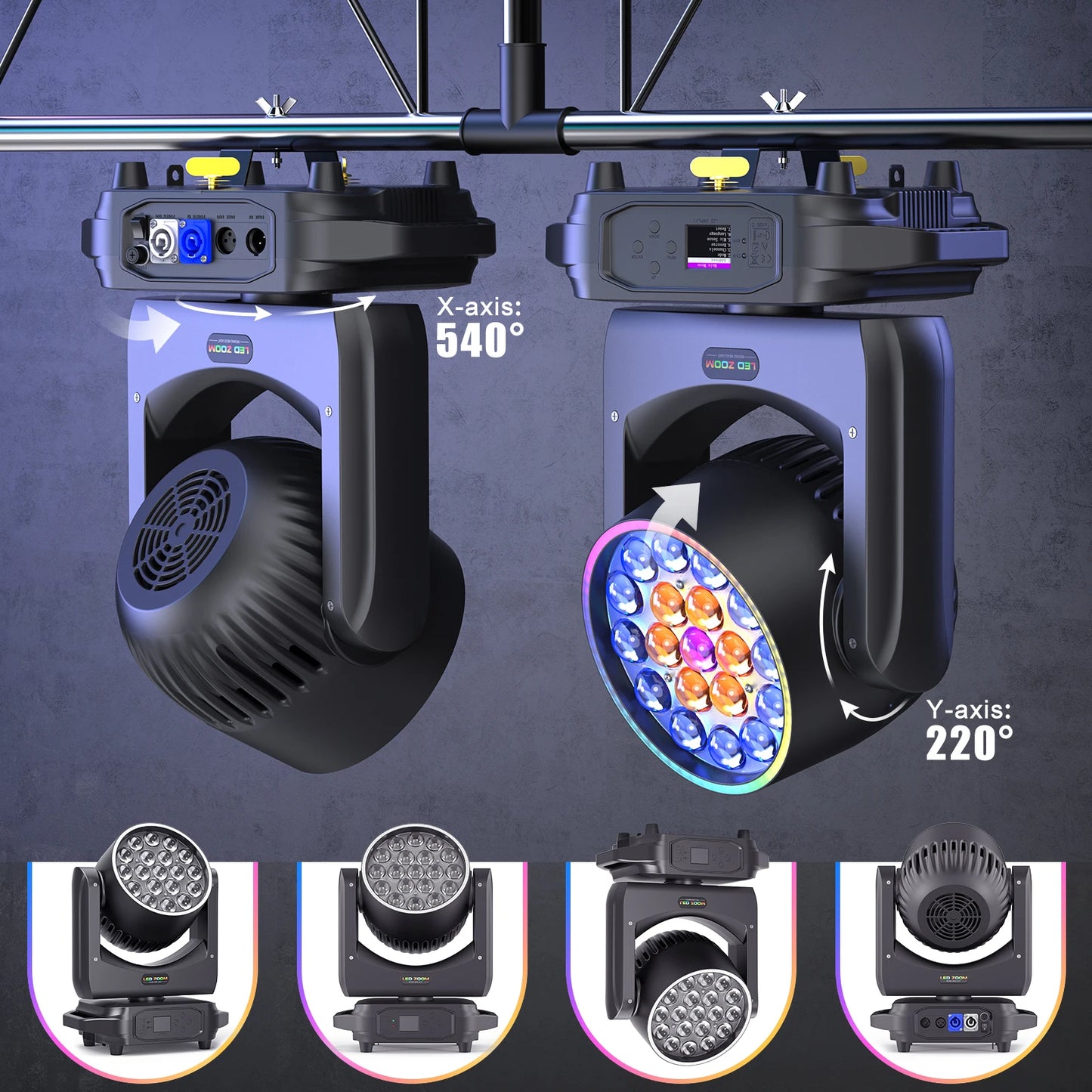 U'King 2Pcs 220W Beam Wash Zoom Moving Head Lights With Light Strip19X15W RGBW LED Stage Light DMX512 DJ Light For KTV Bar Party