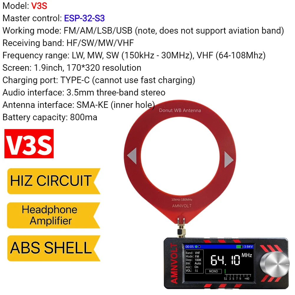 Upgraded V3S AMNVOLT Mini SI4732 DSP Radio Receiver FM AM SSB LSB USB Full Band Pocket Radio with Hi-Z Headphone Amplifier