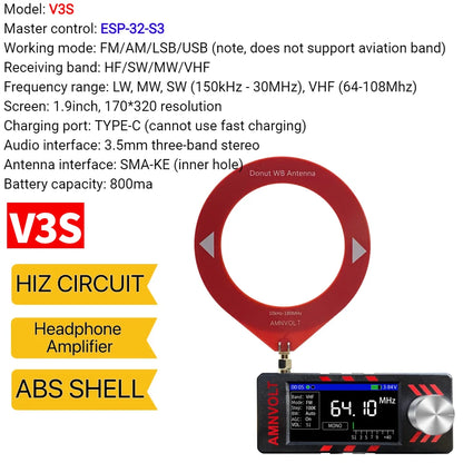 Upgraded V3S AMNVOLT Mini SI4732 DSP Radio Receiver FM AM SSB LSB USB Full Band Pocket Radio with Hi-Z Headphone Amplifier