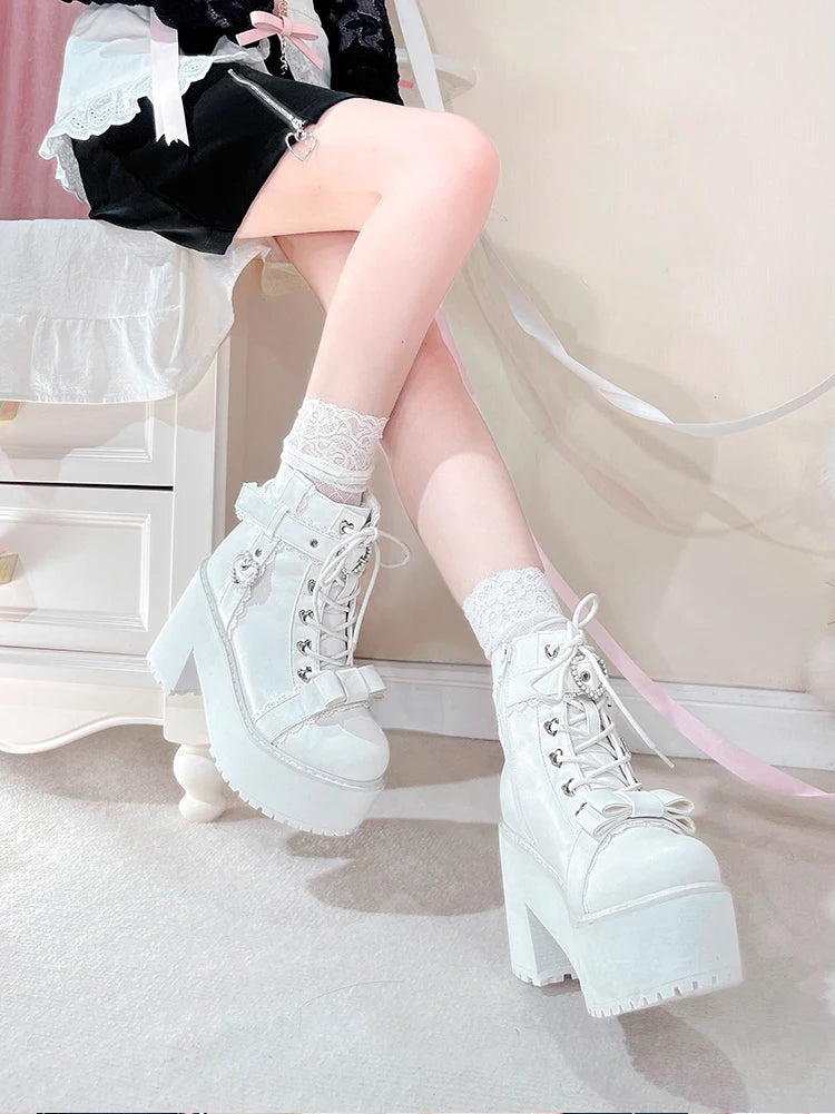 Japanese Mine Lolita Short Boots for Women Mass Production Love Rhinestone Buckle Bow Round Head Platform Boots Sweet Shoes