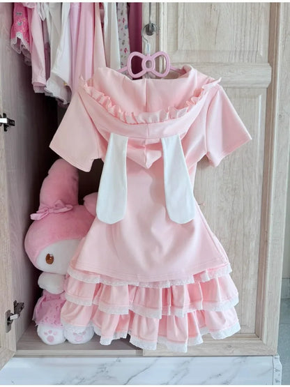 Japanese Kawaii Lolita 2-Pieces Set Women Sweet Rabbit Ear Zipper Hooded Tops + Cute Cake Mini Skirt Harajuku Y2k Outfits Summer