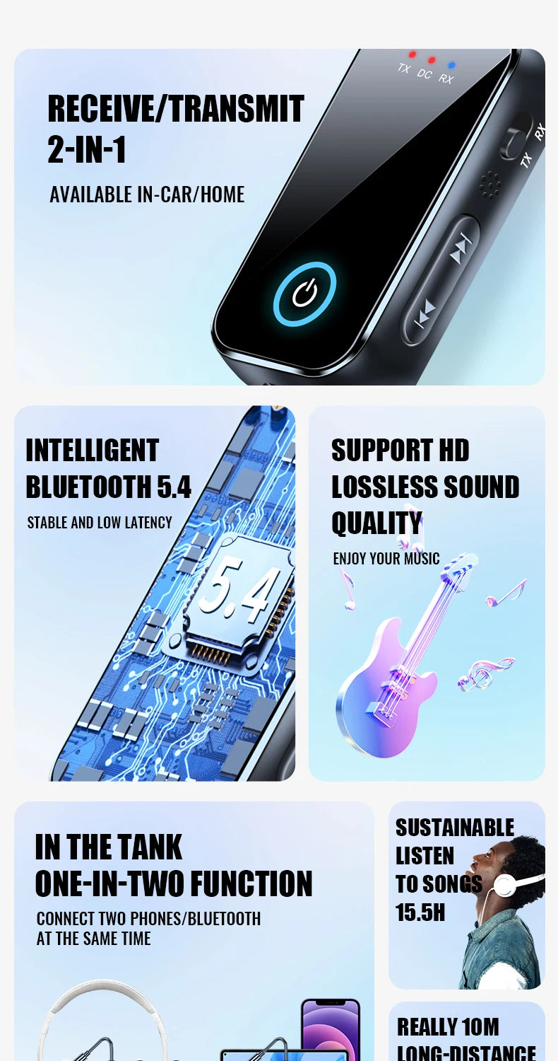 2 in 1 Bluetooth 5.4 Receiver Transmitter 3.5mm AUX Jack Airplane USB Dongle Wireless Audio Adapter For TV PC Speaker Car kit