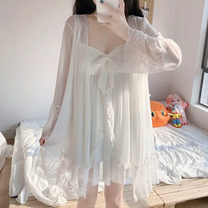 Robe Gown Sets Women Sexy Lace Low-cut Ruffles Bowknot Sweet Princess Female Sleepwear Summer Above Knee Comfortable Lounge Wear