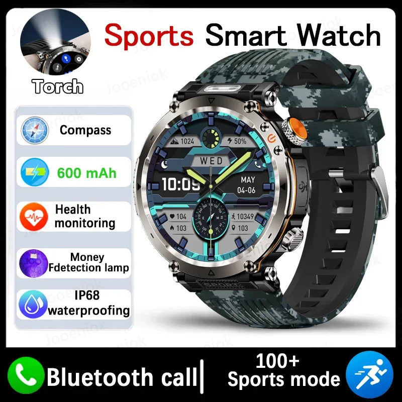 2026 New Outdoor Sports Smartwatch Men Compass 600mAh LED Flashlight Bluetooth Call 3ATM Waterproof Smartwatch For Android iOS