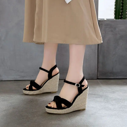 REAVE CAT Brand Women Sandals Open Toe Flock Suede Wedges 11cm Platform Buckle Strap Big Size 44 45 46 Soft Leisure Daily Shoes