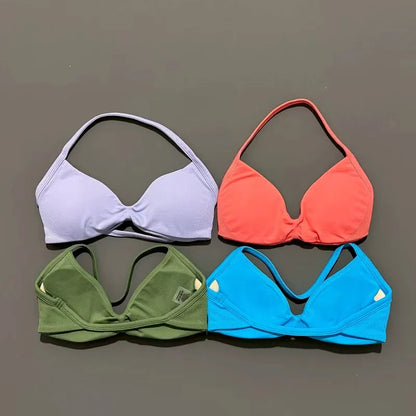 HISTELLO Strappy Bra Gym Top Women High Support Thin Strap Halter Sports Seamless Bras Scrunch Push-up Workout Yoga Tank Tops