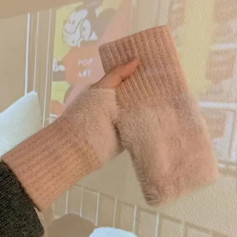 New Solid Color Plush Gloves Women in Autumn and Winter Warm Luxury Woolen Knitted Touch Screen Open Finger Half Finger Gloves
