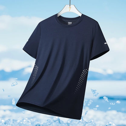 Summer Mesh Sports T-Shirt Men Quick-Drying Breathable Loose Ice Silk Short Sleeves Men Jogging Hiking Round Neck Sports T-shirt