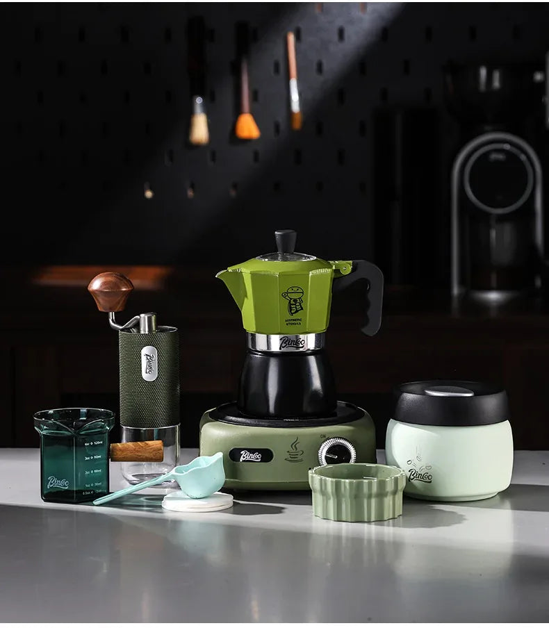Bincoo Double valve Moka Pot Set Electric Stove Coffee Pot Household Italian Espresso Machine Mocha Pot Barista Accessories 220V