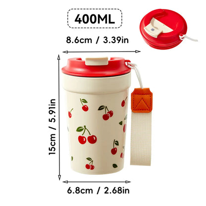 350/400ML Plastic Coffee Mug With Cherry Pattern Travel Portable Water Bottle Tumbler Sealed Leak Proof Drinking Cup Drinkware