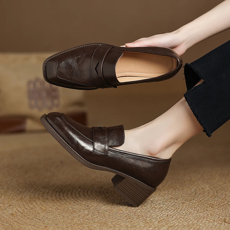 2026 New Spring Genuine Leather Women Shoes Round Toe Women Pumps Brogue Designs Shoes for Women High Heel Loafers Ladies Shoes