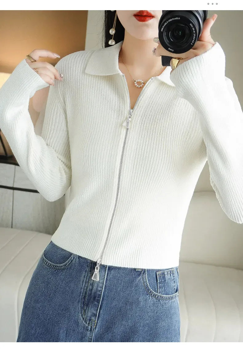 Women Autumn Winter Soft Wool Sweater Polo Collar Thicken Knitted Double Zipper Cardigan Basis Short Top Cashmere Female Coat