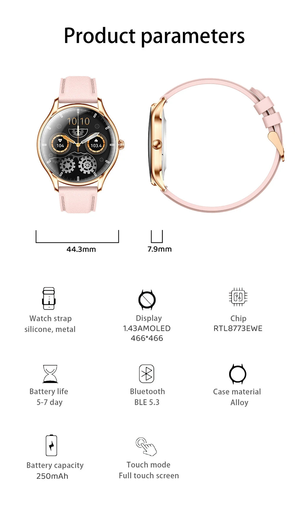 2025 New AMOLED Screen 7.9mm Ultra-thin Women Blue Tooth Call Smart Watch Heart Rate Health Lady Music Sport Fitness Smartwatch