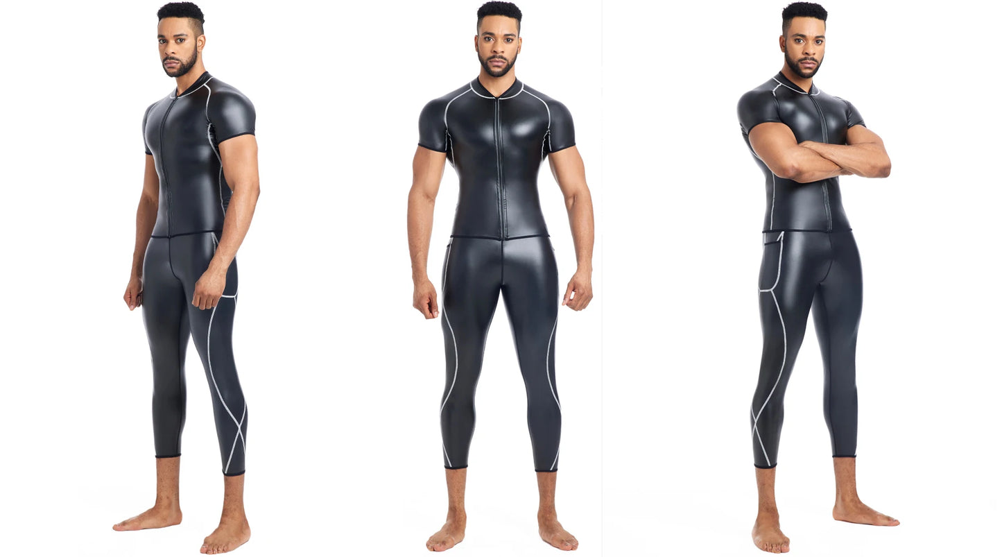 Men`s Stand Collar Leather Jacket White line Faux Leather Pants Fitness Men Body Shaper Waist Trainer Corsets Zipper Slim Shirts