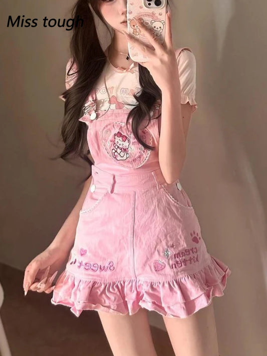 Sweet Girl Pink Overall Skirt Set Kawaii Strawberry Embroidery Ruffle Hem Cute Cartoon Print Jumper Outfit Summer Y2k Outfits