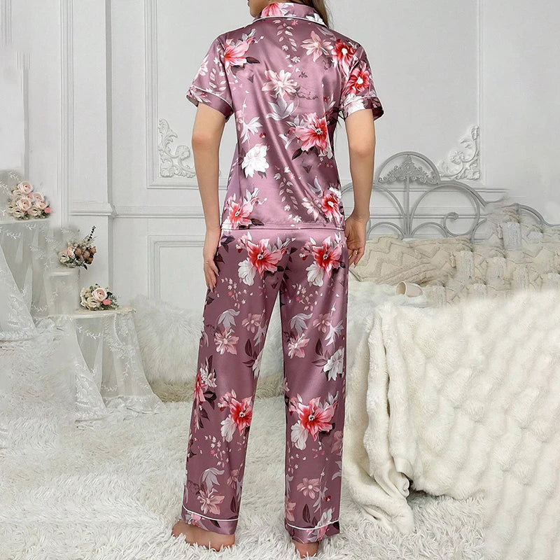 Satin Pajama for Women Flower Print Sleepwear Set Soft Comfort Home Clothes Autumn Short Sleeve Tops & Pants Pyjama Pijama Femme