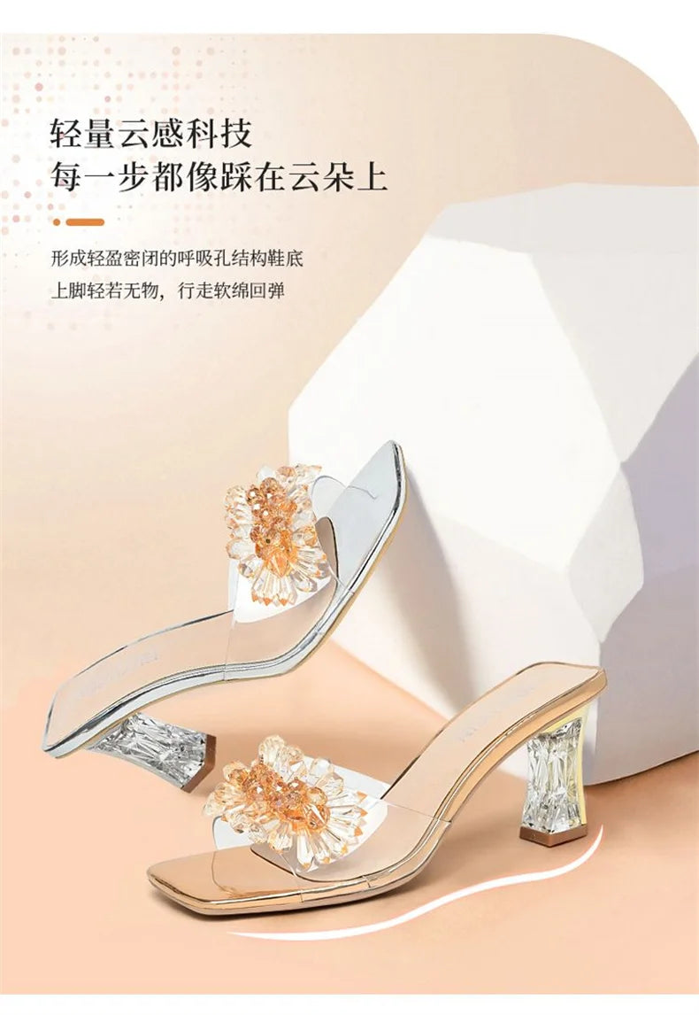 2023 Summer Square Head Open Toe Fashion Transparent Soft Flower Women's Slippers Crystal Heel New High Heel Sandals
