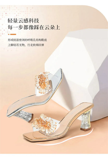2023 Summer Square Head Open Toe Fashion Transparent Soft Flower Women's Slippers Crystal Heel New High Heel Sandals