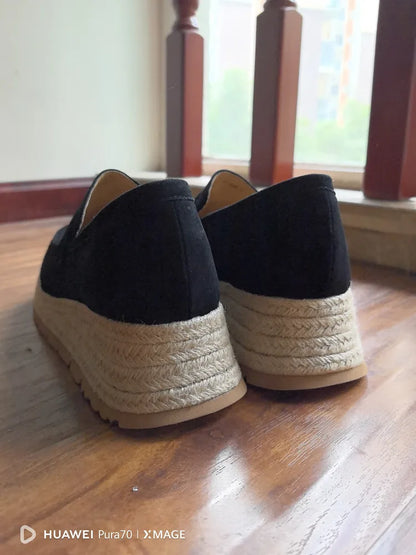 MKKHOU Fashion Loafers New High Quality Real Leather Suede Vintage Straw Braid Platform Shoes Daily Casual Light Shoes Neutral
