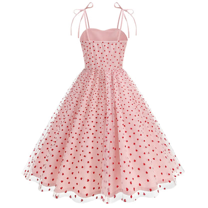 Knot Strap Strawberry Patchwork Vintage Dress 2025 Heart Flocking Valentine's Day Dress Women Birthday Party Pleated Mesh Dress