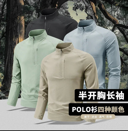 Quick Dry Men's Polo Shirt Stand Collar Pullover Male Long Sleeve Half Zipper Spring Big Size Plus Large 6XL 7XL 8XL Sport Golf