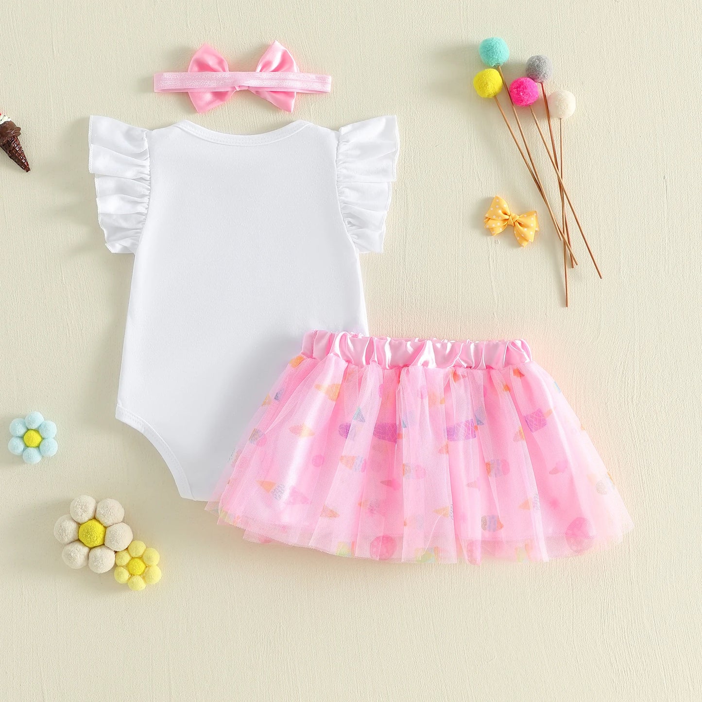 3Pcs Infant Girl Outfit Crew Neck Flying Sleeve Summer Themed Ice Cream Print Romper Tulle Skirt Headband Set