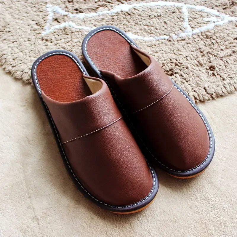 PU Slippers Men Big Sizes Home Male Indoor House for Men's Waterproof Leather Slippers Women Luxury Soft Flat Bedroom Shoes