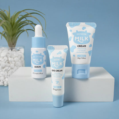 LAIKOU Milk Skincare Travel Set 3pcs Niacinamide Hyaluronic Acid Face Serum Eye Cream Face Cream Moisturizing Glowing Skin Care