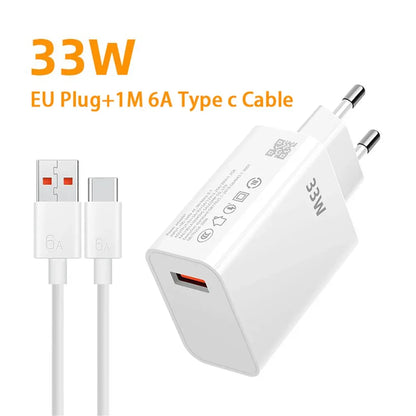 33W USB Fast Charging Charger with 6A Type C Cable Mobile Phone Adapter For iPhone 15 Xiaomi 14 Redmi 13 12 Samsung Wall Adapter