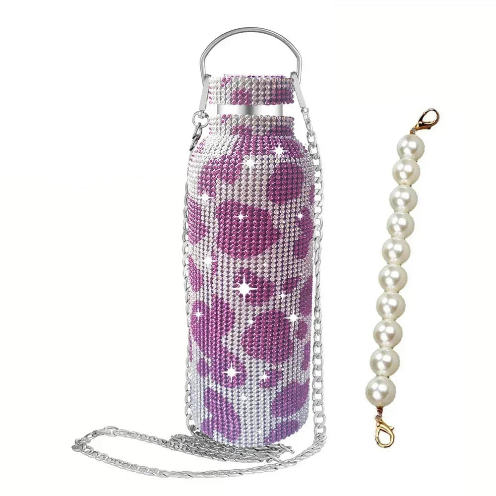 350/500/750/1000ml Luxury Rhinestone Thermos Bottle 2pcs Chain Portable Water Bottle Double Wall Stainless Steel Thermal Flask
