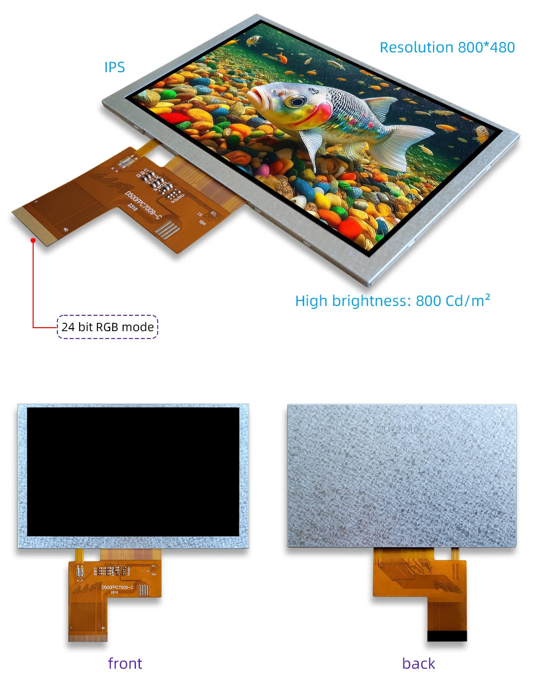 5.0 inch LCD display 800*480 40pin RGB TTL 5 inch high brightness screen TFT ST7262