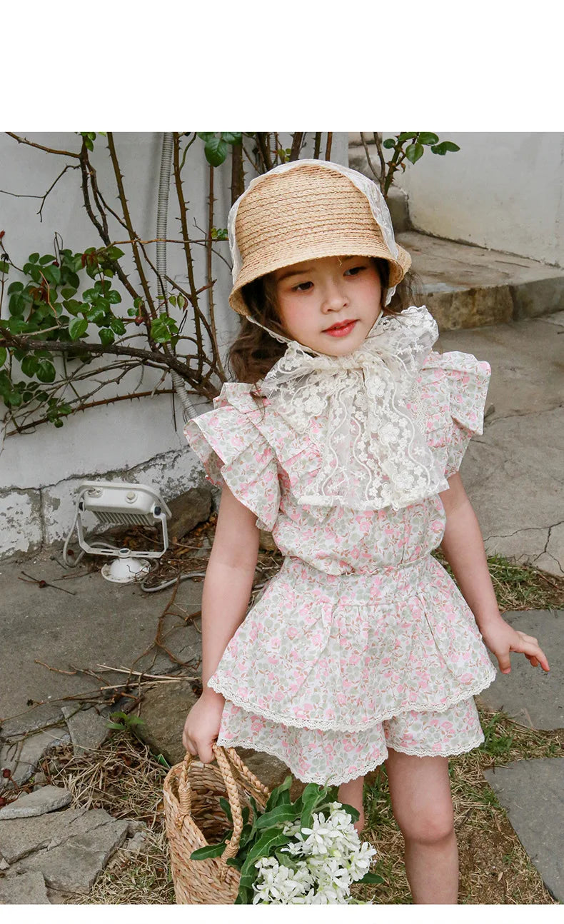 Kids Girls Cute Shirts and Shorts Skirts Outfit Set 2026 Summer New Korea Children Floral Fringed Shirts Skirts Clothes Set