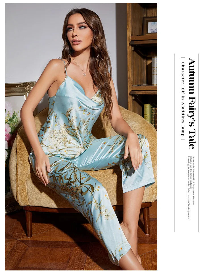 Women Pajamas Sexy Print Cherry Suspender Pijamas Suit Sleepwear Spring Summer Silk Rayon Home Clothes Sling Pants Two Piece Set