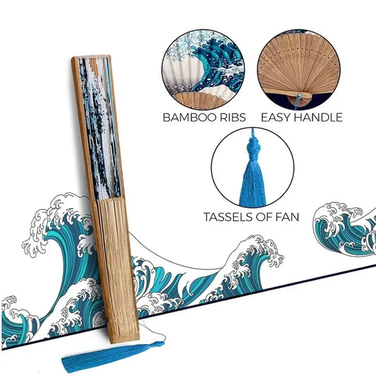 1pc, Japanese Folding Fan Handmade Decorative Kanagawa Wave Foldable Fan Handheld Vintage Hand Fans For Women Portable Folding F by PDG ibma
