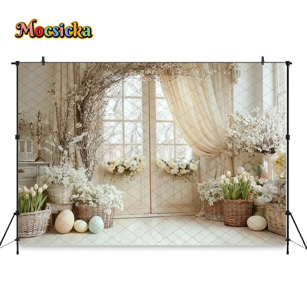Mocsicka Spring Easter Background Photography White Retro Door Colorful Egg Floral Backdrop Maternity Newborn Photozone Studio