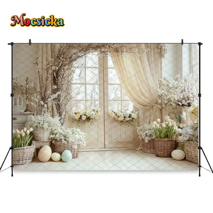 Mocsicka Spring Easter Background Photography White Retro Door Colorful Egg Floral Backdrop Maternity Newborn Photozone Studio